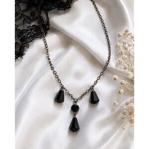 Emily Ray Sterling Silver 925 Black Crystal Station Necklace Victorian Gothic